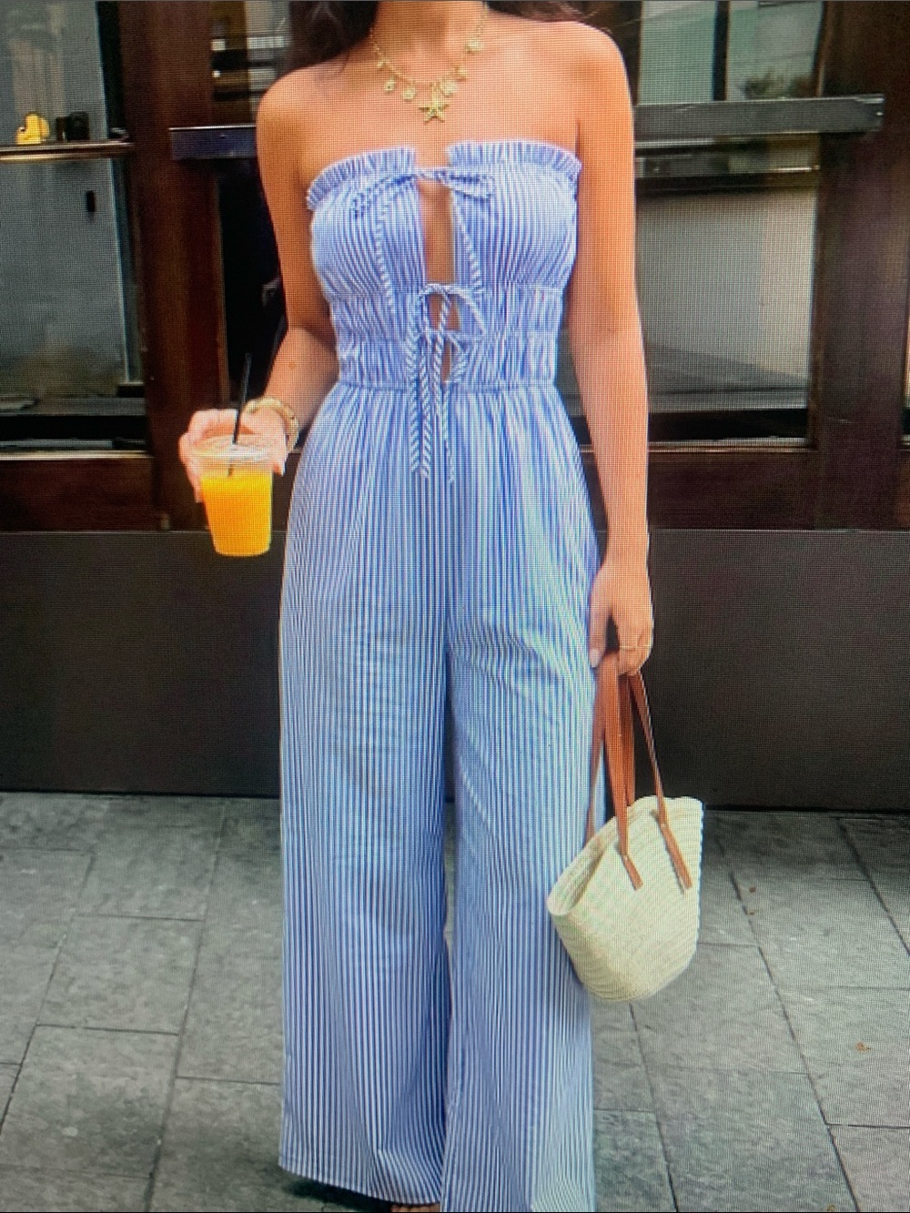 Strapless Smocked Wide-Leg Jumpsuit in Light Blue Stripe - Picture 4 of 5